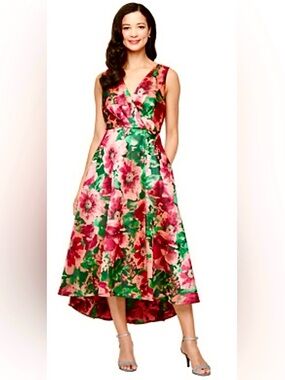 SLNY Women’s Green Pink Floral Fit & Flare Sleeveless Formal Dress Size 18 NWT